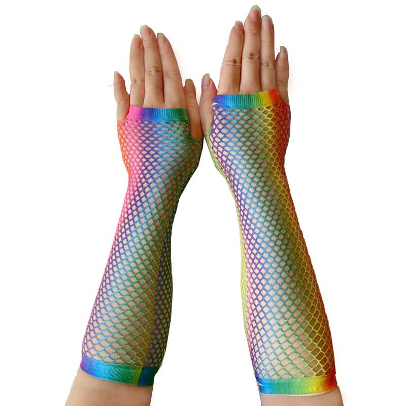 2 Paare/los Sexy Kurze Mesh Hohl Punk Regenbogen Fischernetz Handschuhe Weibliche Spitze Elastische Lange Hiphop Sommer Halb Finger Sonnencreme Fäustlinge