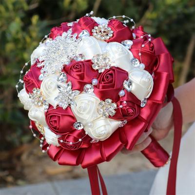 Buquê de casamento para noiva, buquê de flores artificiais de cetim com strass e pérolas artificiais