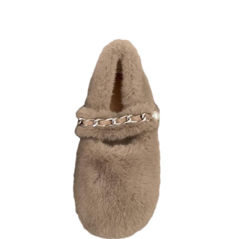 Fashion Fur Chain Women Flats Shoes Autumn New Designer Casual Shoes Women 2024 Trend Home Cotton Shoes Cozy Walking Dress Mujer Zapatos