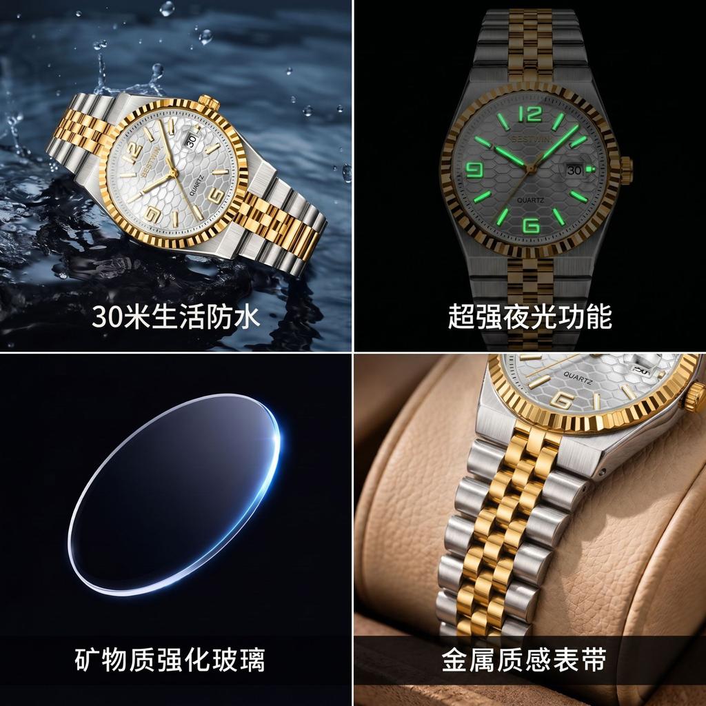 BestWin Brand Luxury Watch Waterproof Full Stainless Steel Luminous Date Week Quartz Fashion Watches For Business Men Watches