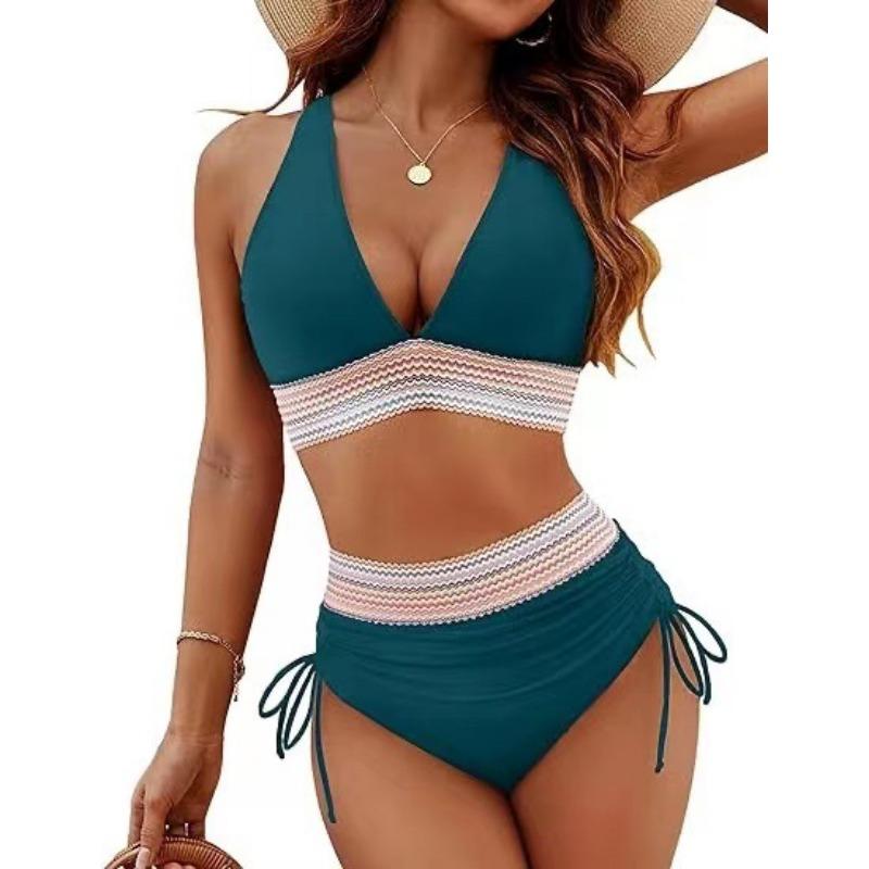 Women High Waisted V Neck Tie Side Push Up Bikini Set