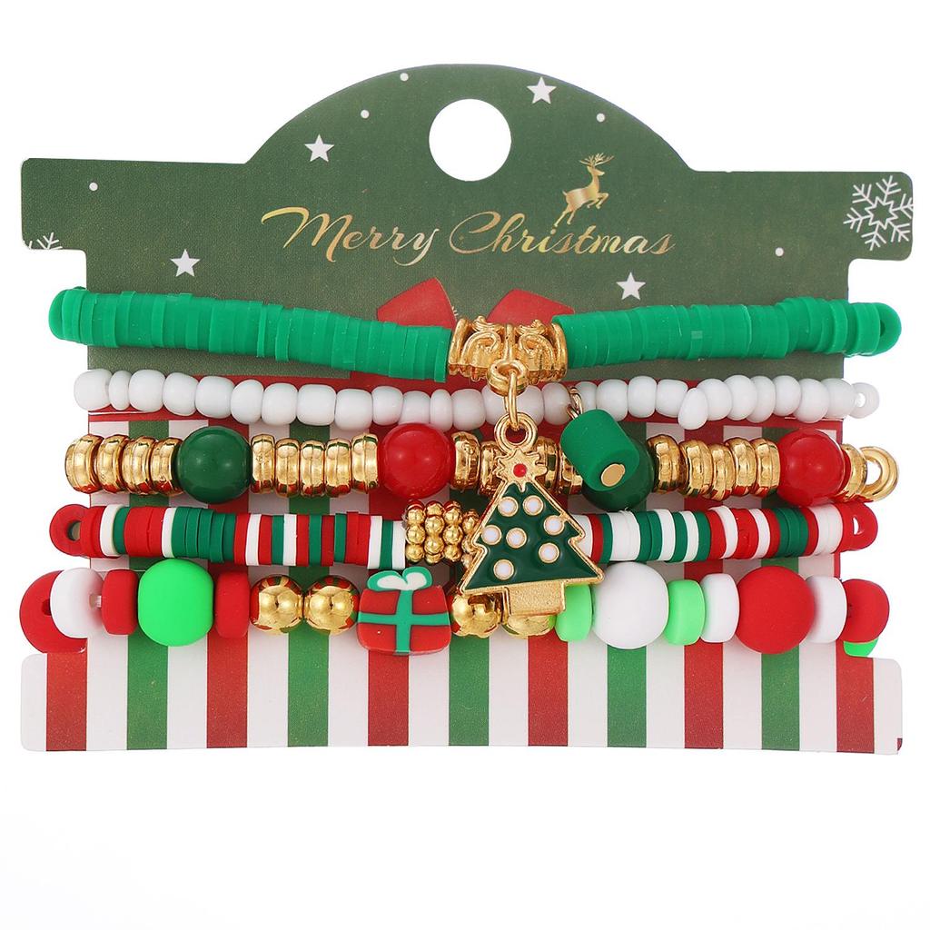 Christmas Reindeer Bell Alloy Bracelet Set with Colorful Polymer Clay for Women