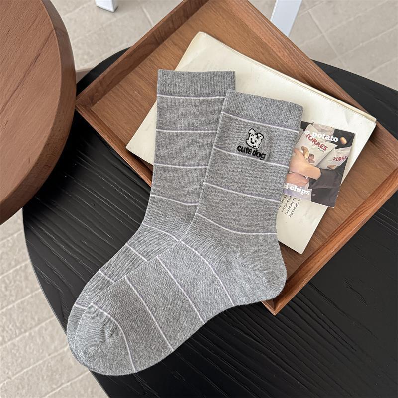 Spring & Summer Korean Style Cartoon Embroidered Puppy Mid-Calf Socks - Women's Academy Stripes Slouch Socks