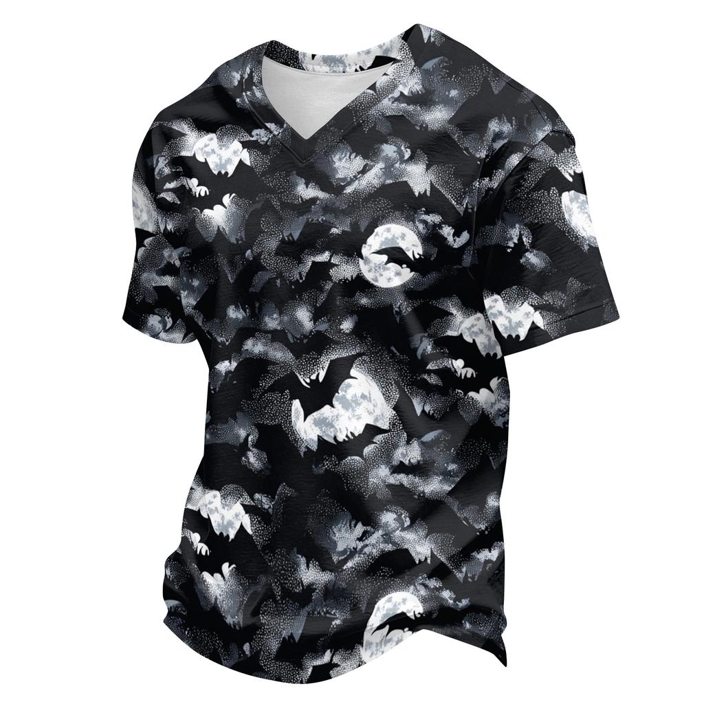 Men's Casual V Neck Lightweight Breathable Short Sleeve Top Halloween Pumpkin Scarecrow Print Summer Tee Shirt for Everyday Wear