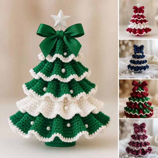DIY Crochet Christmas Tree Kit Small Xmas Tree Craft Kit with Bow And Faux Pearl Handmade Holiday Decoration for Beginners
