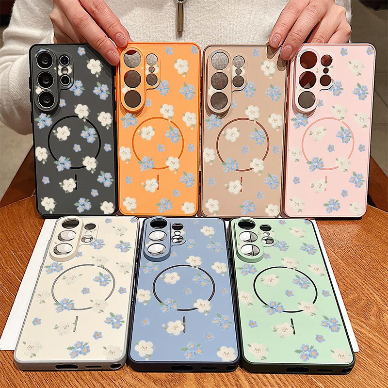 Magnetic For Magsafe Case For Samsung Galaxy S26 Ultra S25 Edge S24 Plus S23 FE S22 A54 A55 A56 5G Blue Flowers Pattern Matte Cover