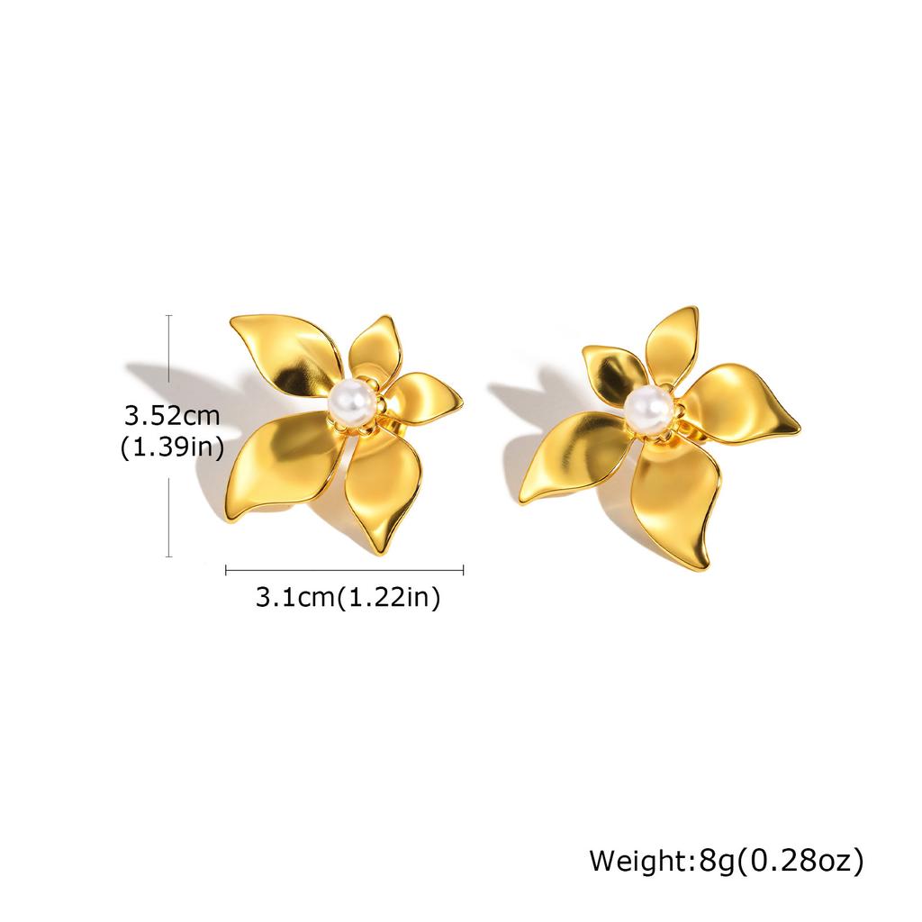 Vnox Exaggerated Chunky Stud Earrings For Women Girls,Stainless Steel Wide Flower Pearl Inlay,Light Luxury High-end Ear Jewelry
