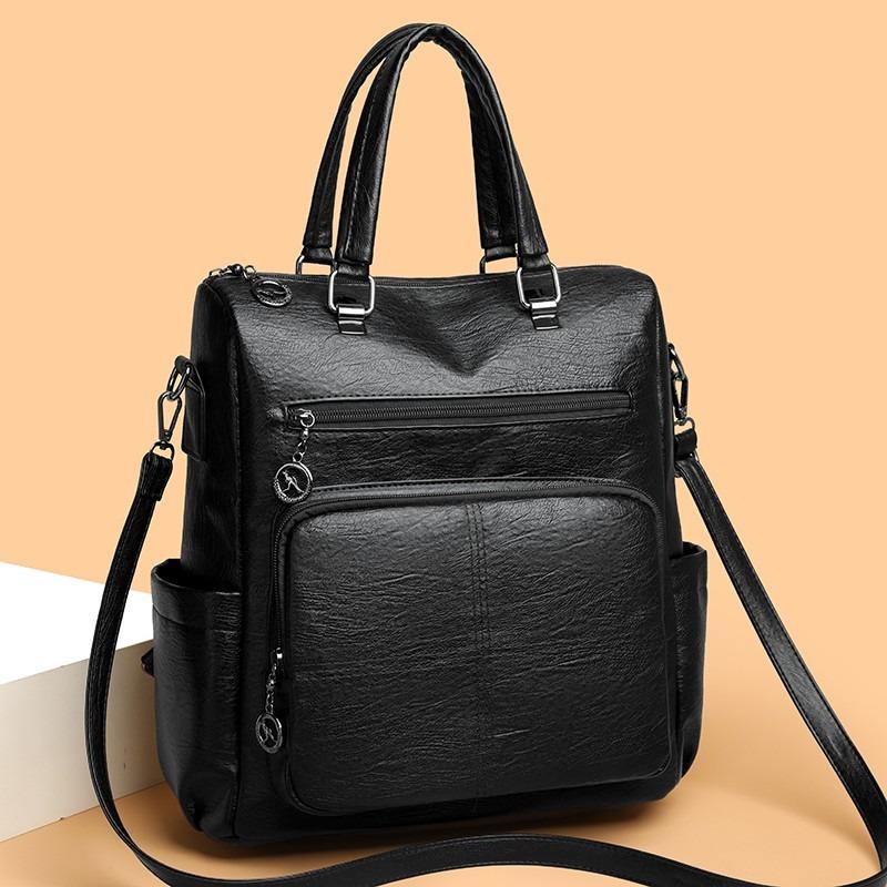 

Винтажный кожаный рюкзак с несколькими карманами и регулируемым ремешком, просторная наплечная сумка для повседневного использования и путешествий для женщин 33cm×19cm×34cm чёрный