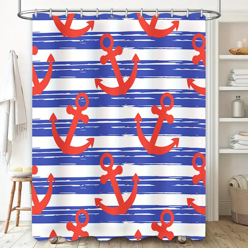 Red Anchors Blue Striped Shower Curtain Waterproof Polyester Bathroom Decor Set