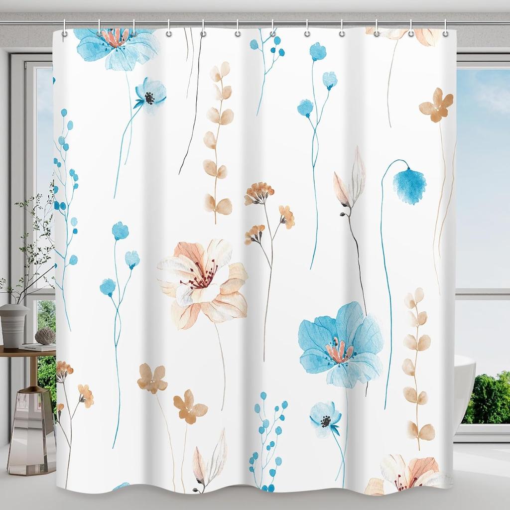 Shower Curtain Watercolor Flower Shower Curtain Sets - Spring Burnt-Orange Floral Plant Shower Curtains for Bathroom