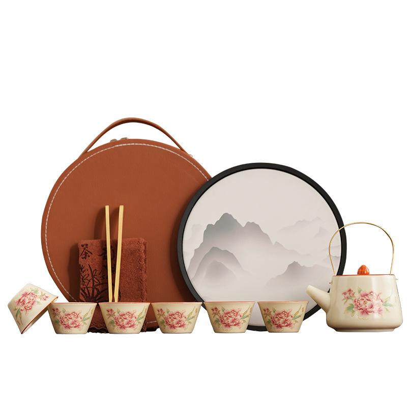 Ru Kiln Ceramic Travel Tea Set One Pot Six Cups Tea Plate Gift Box Packaging Company Events Business Gifts