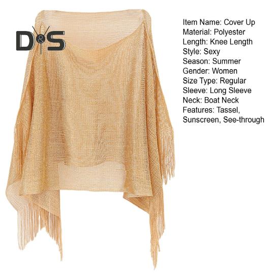Summer Beach Mesh Cover Up Tassel Decor See Through Loose Swimsuit Thin Sunshade Beachwear Blouse Irregular Holiday Sexy Long Bikini Top
