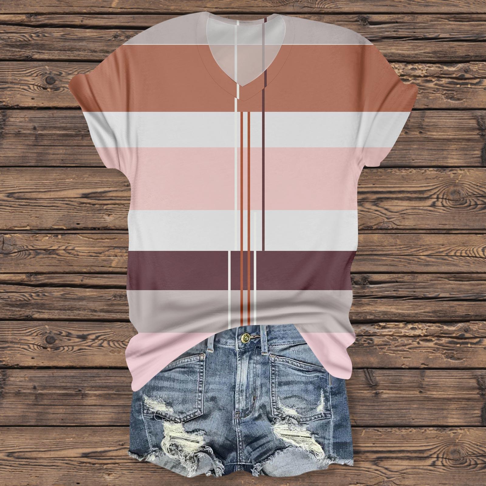 

Женский полосатый топ с V-образным вырезом и короткими рукавами с принтом M розовый