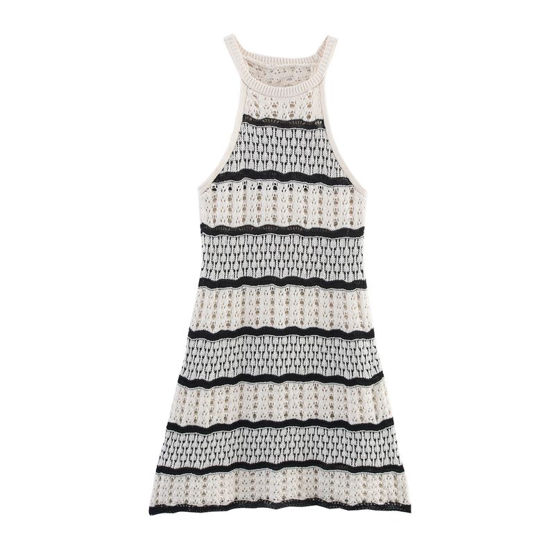 Zbzr Spring New Women Clothes Western Style Sleeveless Halterneck Skirt Short Knitted Stripes Dress 3991011
