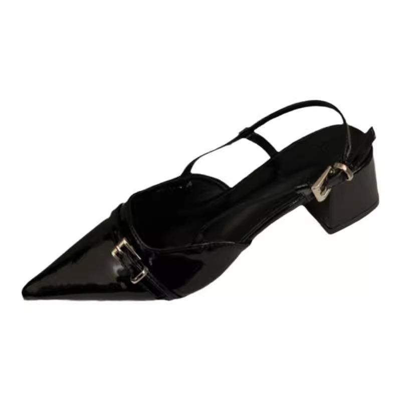 Thick heel shallow mouth bag head sandals empty women's shoes spring and summer 2025 new patent leather pointed middle heel with skirt single shoes