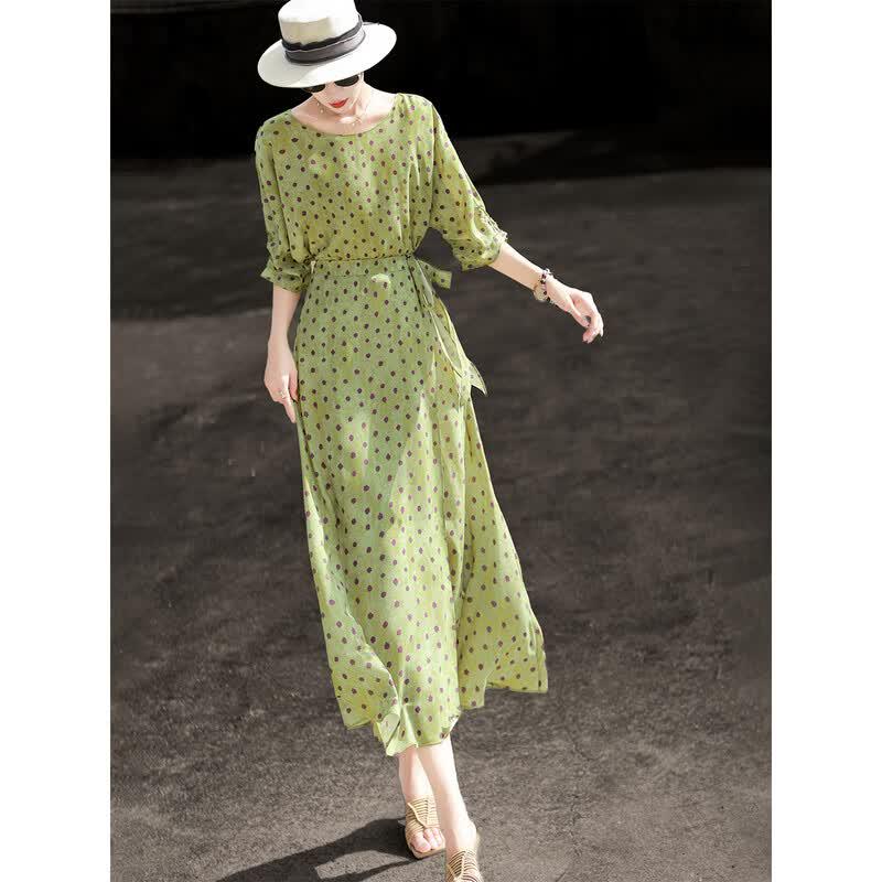 Elegant French Retro Polka Dot Chiffon Midi Dress XL