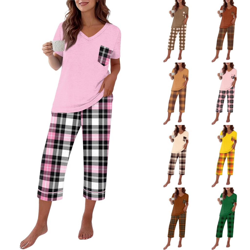 Women Casual Fashion Printed Round Neck Loose Short Sleeve T Shirt and Seven Quarter Pants Homewear Set Soft Comfortable Lightweight
