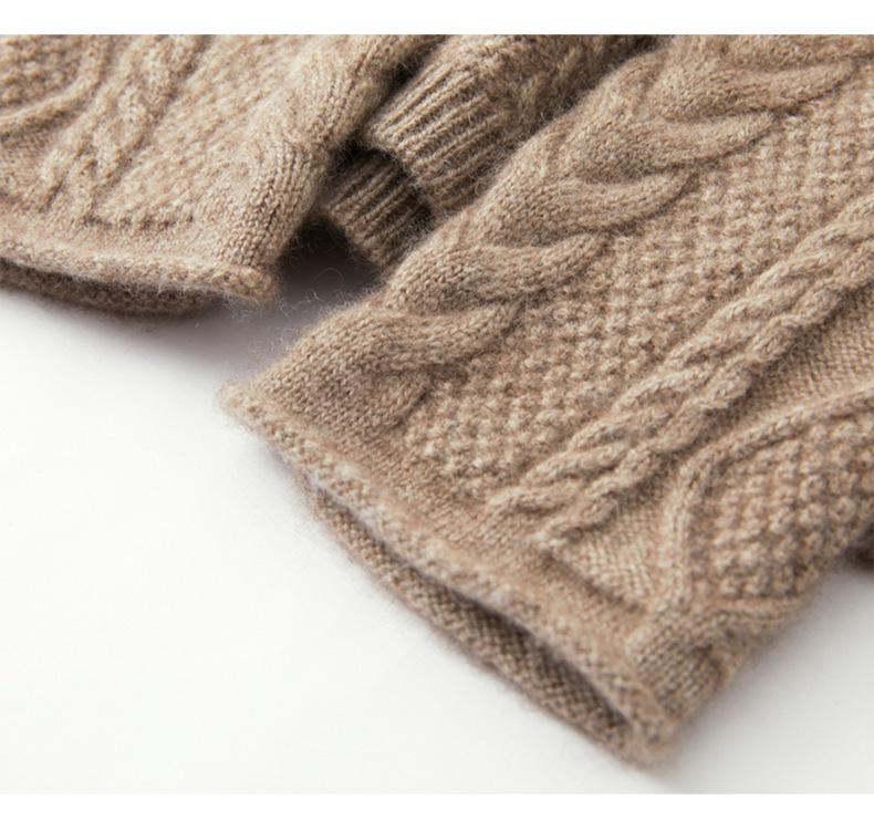 Women's Retro Cable Knit Cashmere Sweater, Round Neck with Rolled Hem, Thick Loose Fit, Cozy Inner/Base Layer.