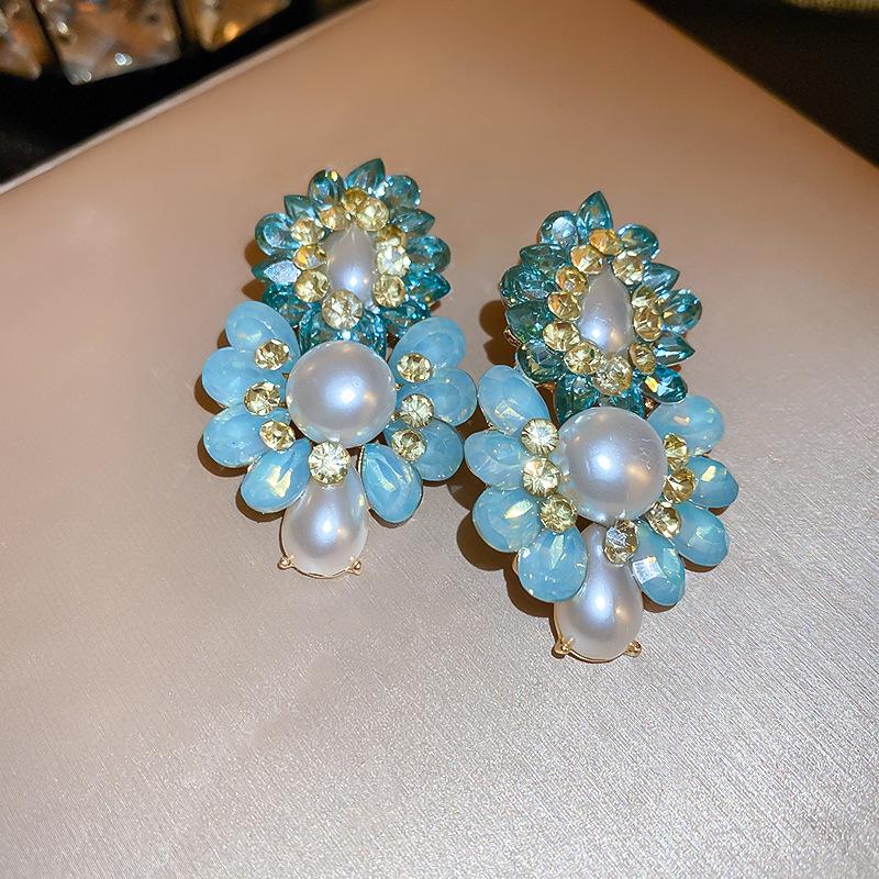 Silver Needle Vintage Pearl and Rhinestone Flower Earrings - French High-End Niche Court Style