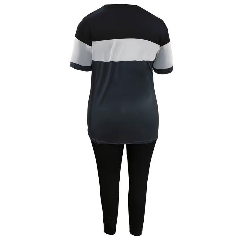 Large size women's two-piece set, 1D printing casual contrasting color round neck short-sleeved top and pants set, pants pocket.