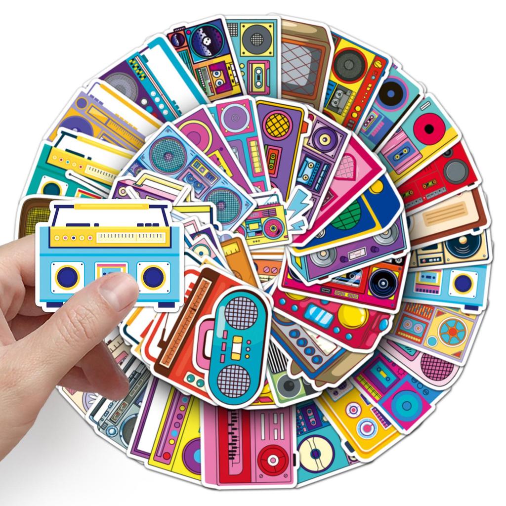 50 Retro Radio Stickers: Colorful Cartoon Graffiti, Waterproof for Decorative Journaling, Storage Box