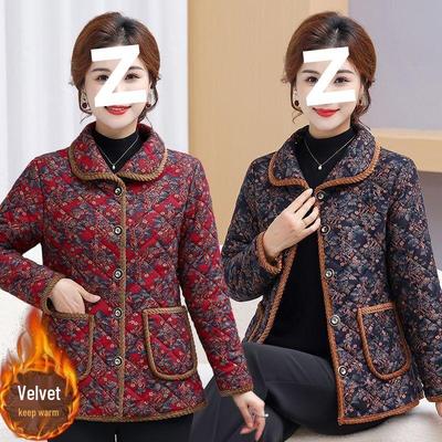 Elegant Floral Plus Velvet Jacket for Women - Warm Winter Cotton Coat for the Middle-Aged and Elderly