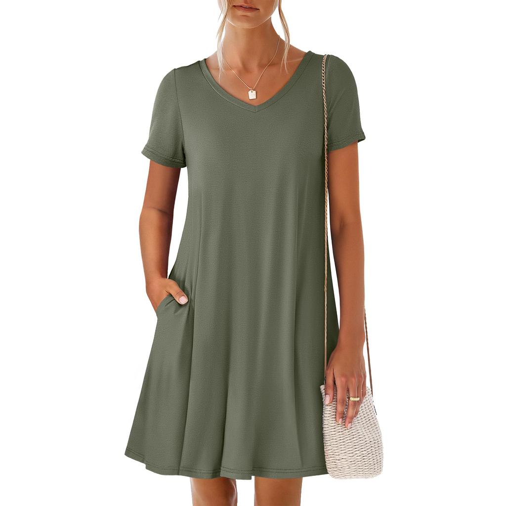 Damen V-Ausschnitt Kleid mit Bindetasche und kurzen Ärmeln