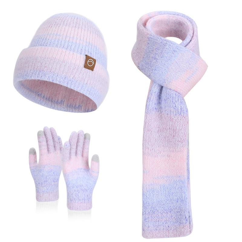 Knitted Hat Scarf Gloves Threepiece Winter Warmth Set For Ladies With Wind Resistance