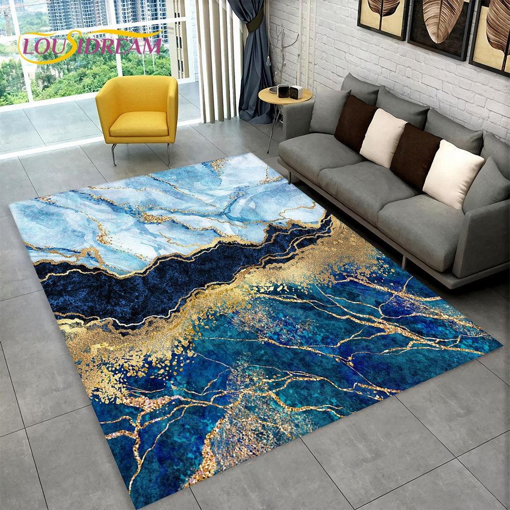 Nordic Blue Golden Colour Marble Geometric Area Rug Carpet Rug for Living Room Bedroom Sofa Doormat Decor Non-slip Floor Mat