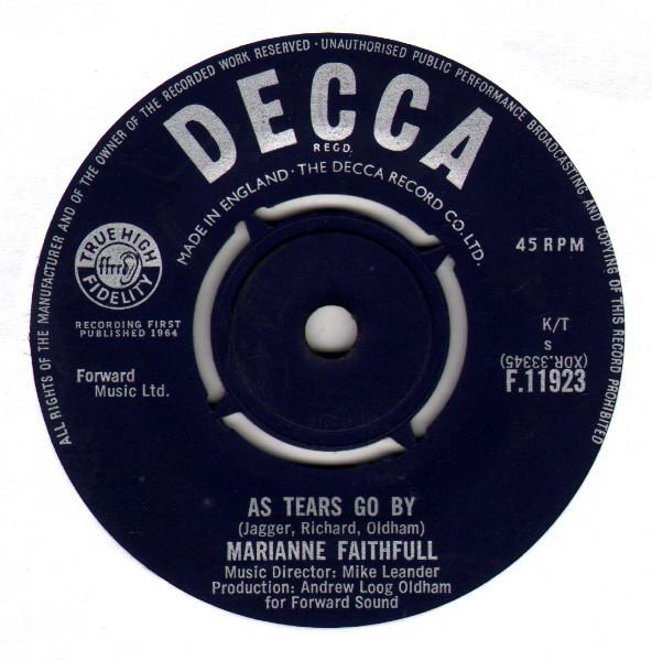 

7-дюймовая пластинка MARIANNE FAITHFULL As Tears Go By F11923 Decca 1964 UK Поп Б/у