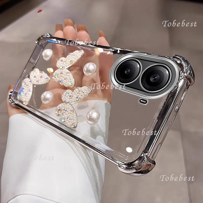 3D Perlen Schmetterling Stoßfestes Beschichtetes Silikonhülle für Xiaomi Redmi Turbo 4 3 Pro A5 A3 A1 Klare Transparente Rückseite