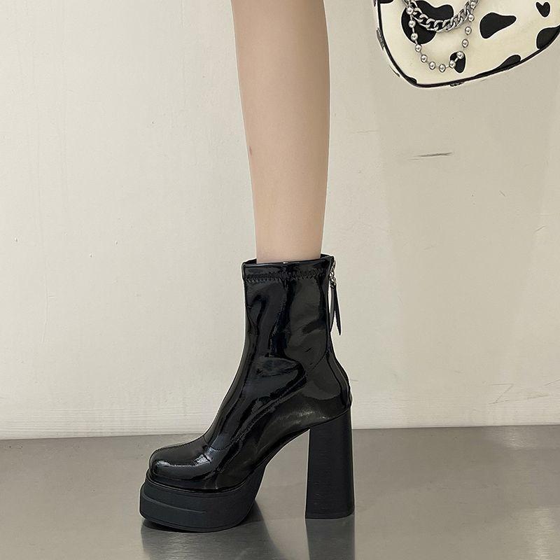 2025 Autumn and Winter New British Style Super High Heel Thin Boots Korean Version Fashion Thick Heel Non-slip Rear Zipper Short Boots