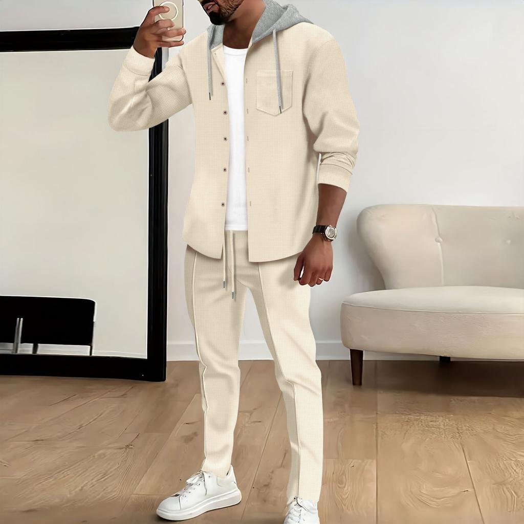 Waffle Men's Casual Hooded Color Matching Long-sleeved Cardigan Jacket Trousers Set