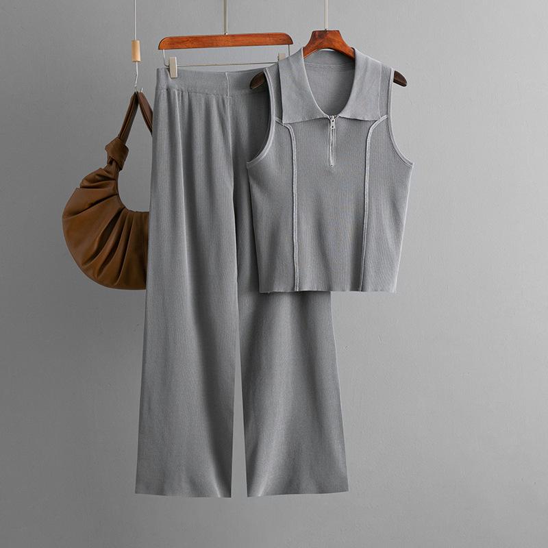 

Новый трикотажный жилет с лацканами на молнии, модный костюм + повседневные брюки с высокой талией, комплект из двух предметов one size fits all серый