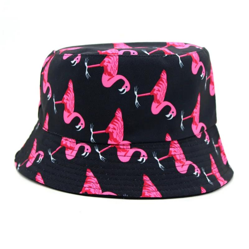 New Unisex Double-Sided Bucket Hat Women Flamingo Print Flat Brim Fisherman Cap Fashion Outdoor Hip Hop Sunshade Panama Sun Hats