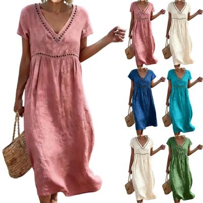 Women's Summer Round V-Neck Short-Sleeve -Color Cotton-Linen Dress With Openwork Lace