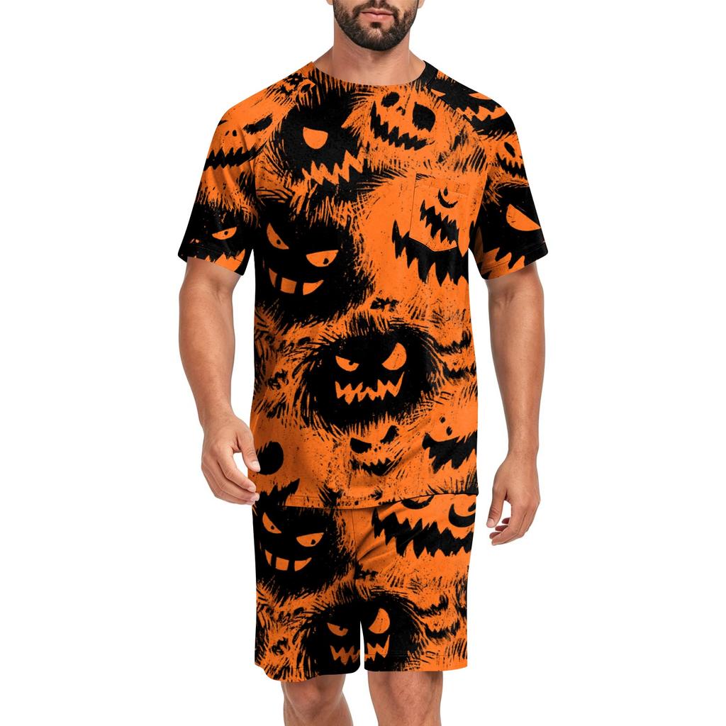 Men's Halloween Casual Pajama Set Short Sleeve Top and Shorts Comfortable Lightweight Sleepwear for Home Relaxation