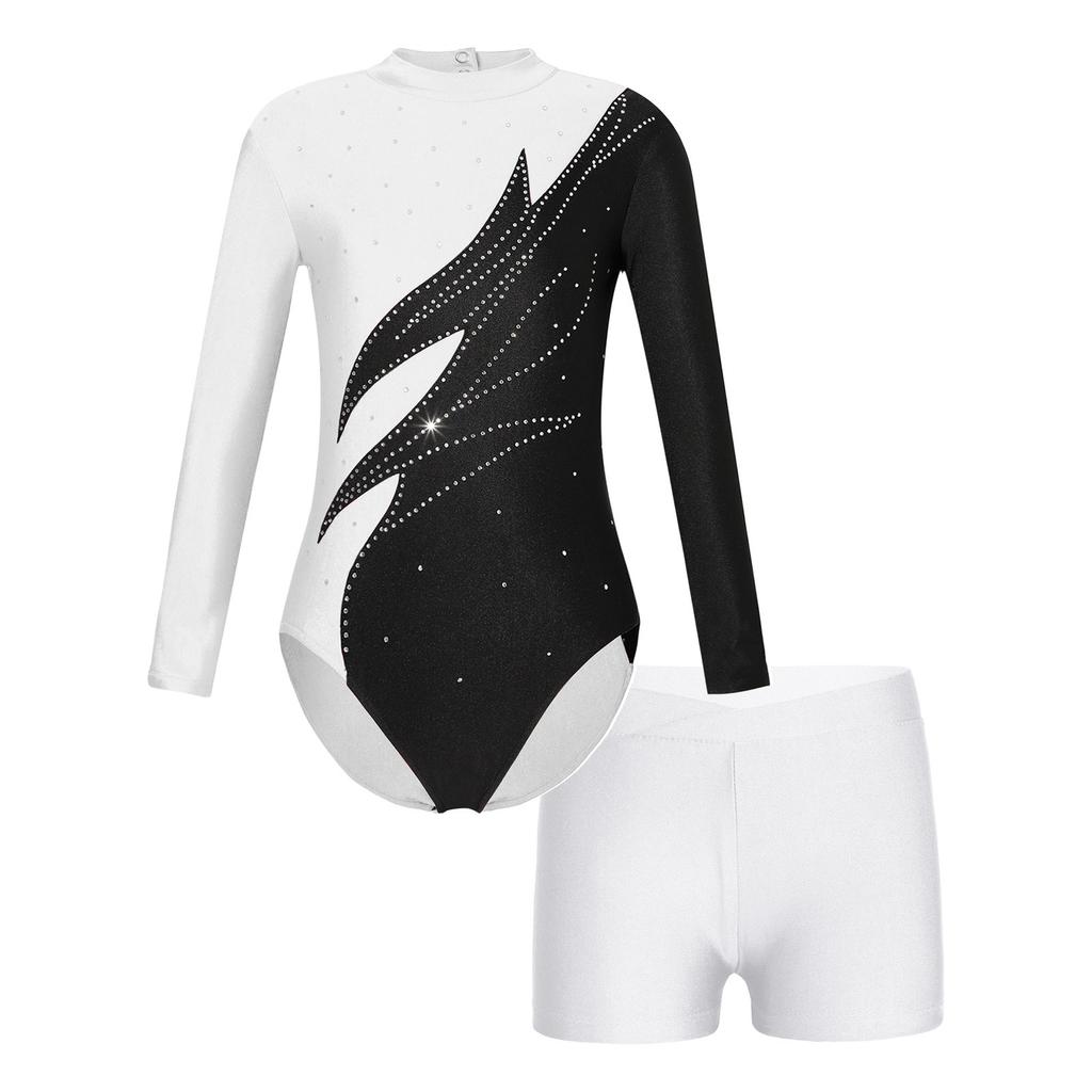 Girls Long Sleeve Dance Leotard Mock Neck Rhinestones Keyhole Back V-front Waistband Shorts Performance Outfit