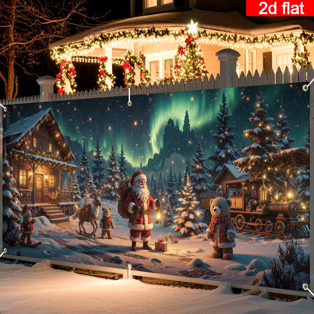 2D Türflagge 2D flach 1 Stück Weihnachten Garagentorbanner - Gemütliche Hütte Weihnachtsmann mit Geschenken Heimdekoration