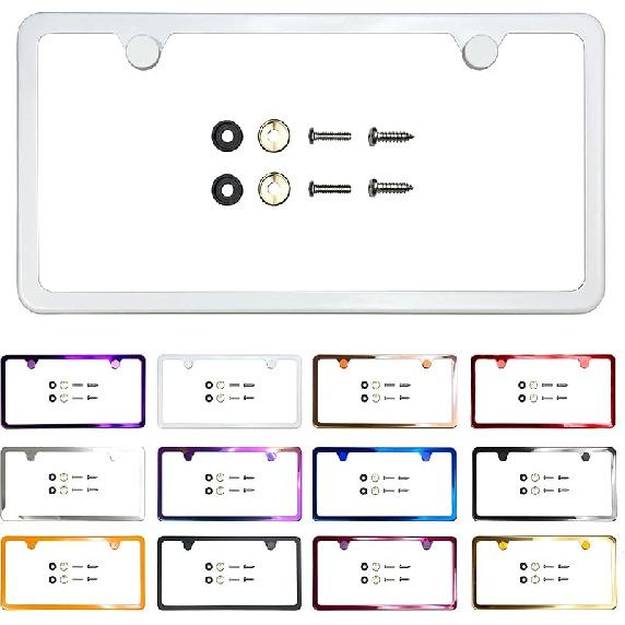 Two Holes Slim License Plate Frame Neo Chrome Aurora Electroplating Burnt Titanium Mirror Chrome Universal Fit Anti Rust Metal Screw On Cap Cover,