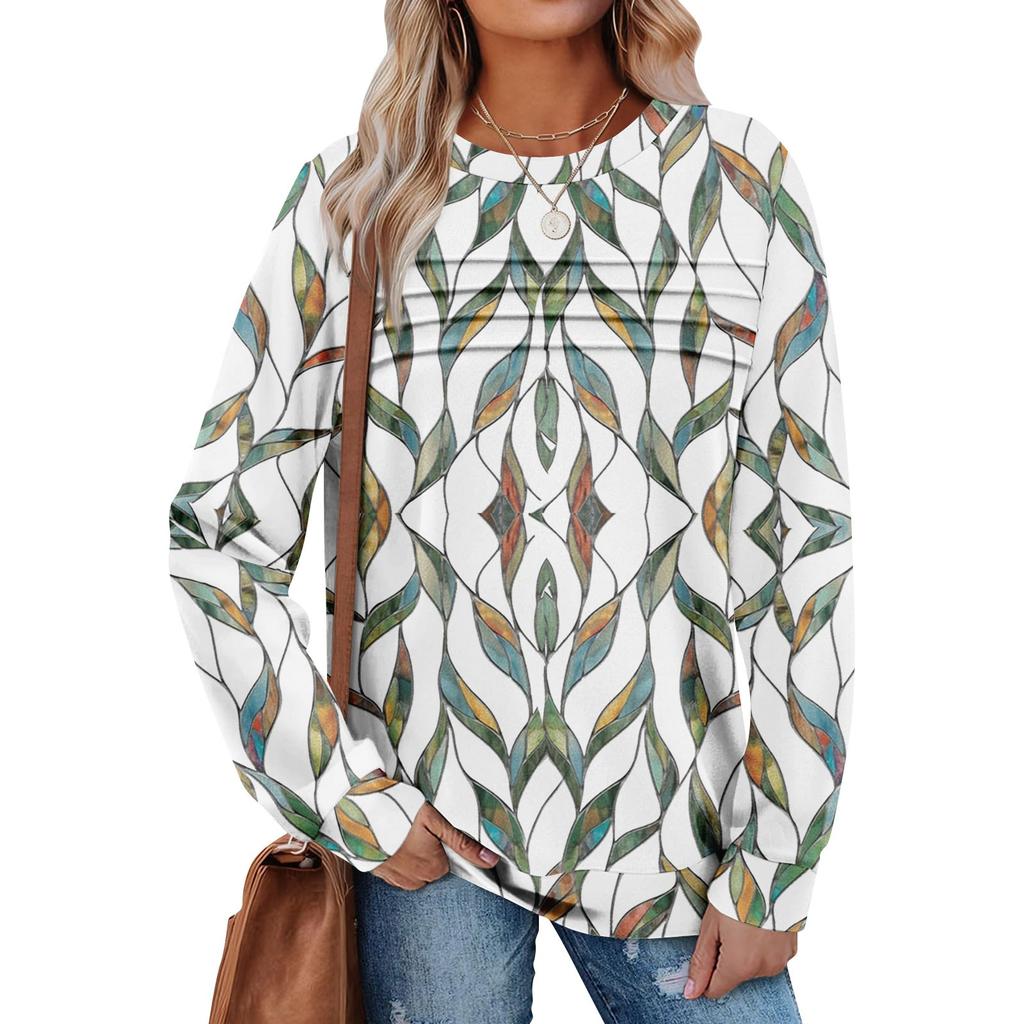 Women's Casual Long Sleeve  Round Neck Sweatshirt Fit Pleated Top