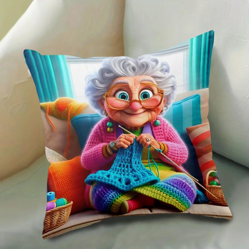 1Pc Funny Knitting Grandma Print Throw Pillow Cover,Suitable For Sofa,Bedroom,Living Room,A Heartwarming Gift For Seniors
