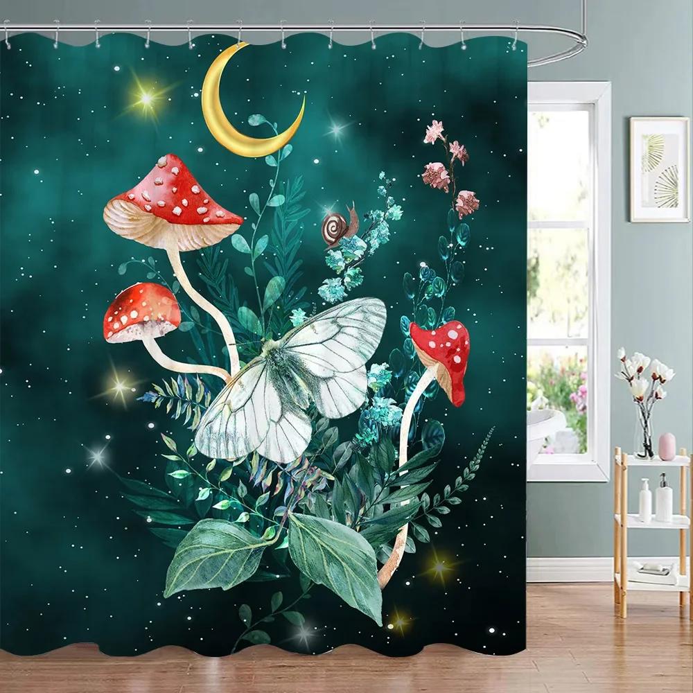 Mushroom Shower Curtain Retro Mushrooms Butterfly Floral Boho Moon Stars Botanical Wildflower Green Plant Aesthetic Bath Curtain