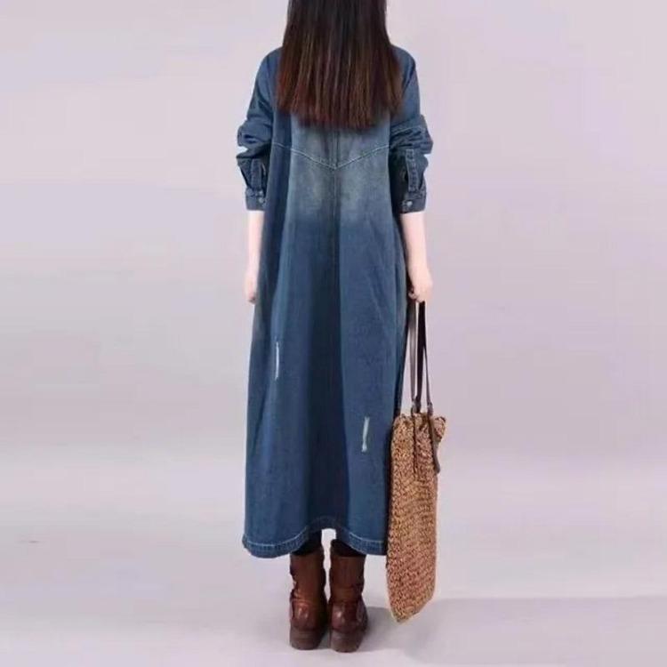 Damen Lange Denim Baumwolljacke Lockerer Trenchcoat Große Größe Einfarbige