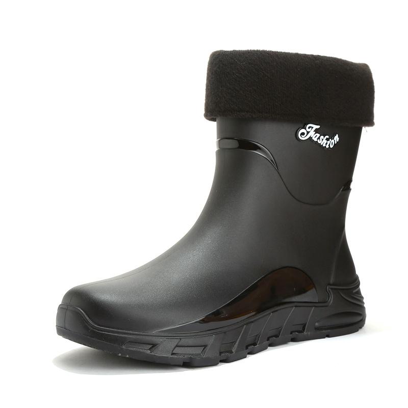 Rain Shoes Men's Medium Tube Non-slip Fishing Rain Boots Waterproof Shoes Velvet Warm Kitchen Bundle Rubber Shoes Car Wash Overshoes