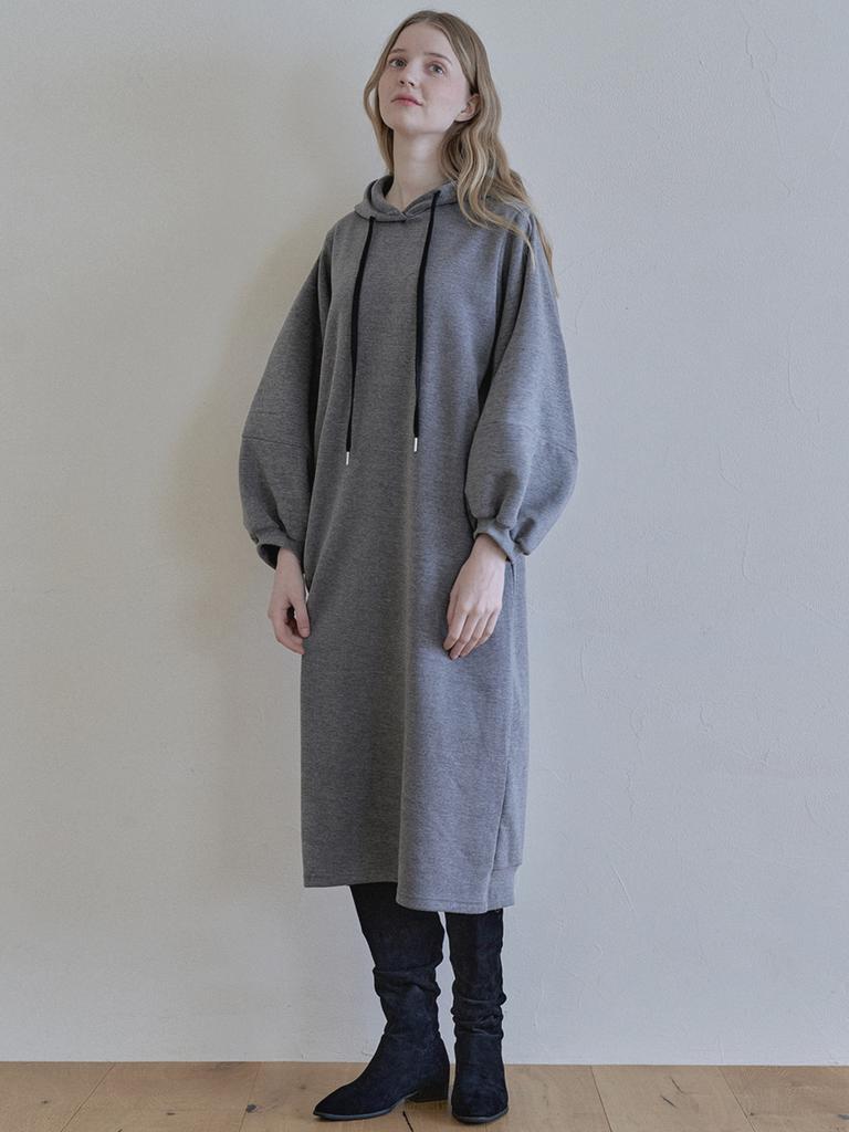 AVANT-G Volume Sleeve Long Hooded Dress - Charcoal (Napping)