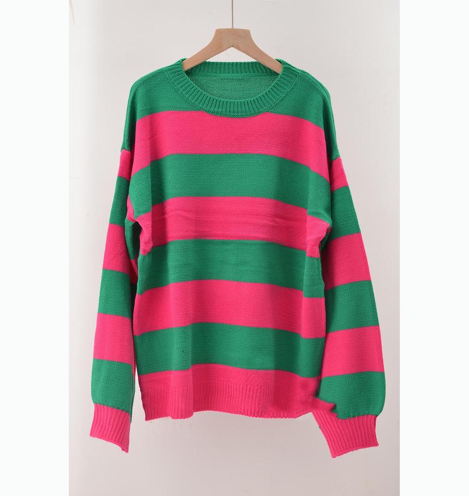 Plus Size Women Striped Spliced Round Neck Pullover Sweater Loose Lazy Autumn Wear