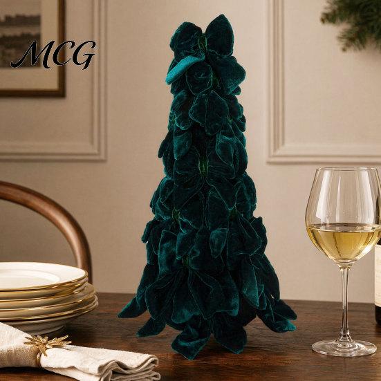 Dining Table Christmas Centerpiece Velvet Bow Tree Decoration, Shaped Photo-ready Decor Tabletop Ornament for Fireplace Window Holiday Stacked