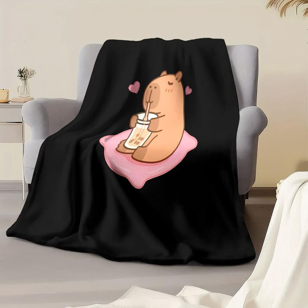 Black Capybara Drinking Milk Tea Throw Blanket Cute Cartoon Rodent Soft Flannel Wrap For Adult Bedroom And Cozy Sofa Decor