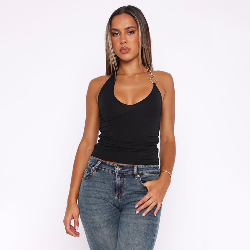 Y25TP001 Cross-Border Women's Sleeveless V-Neck Sexy Ring Halter Top for Spring/Summer